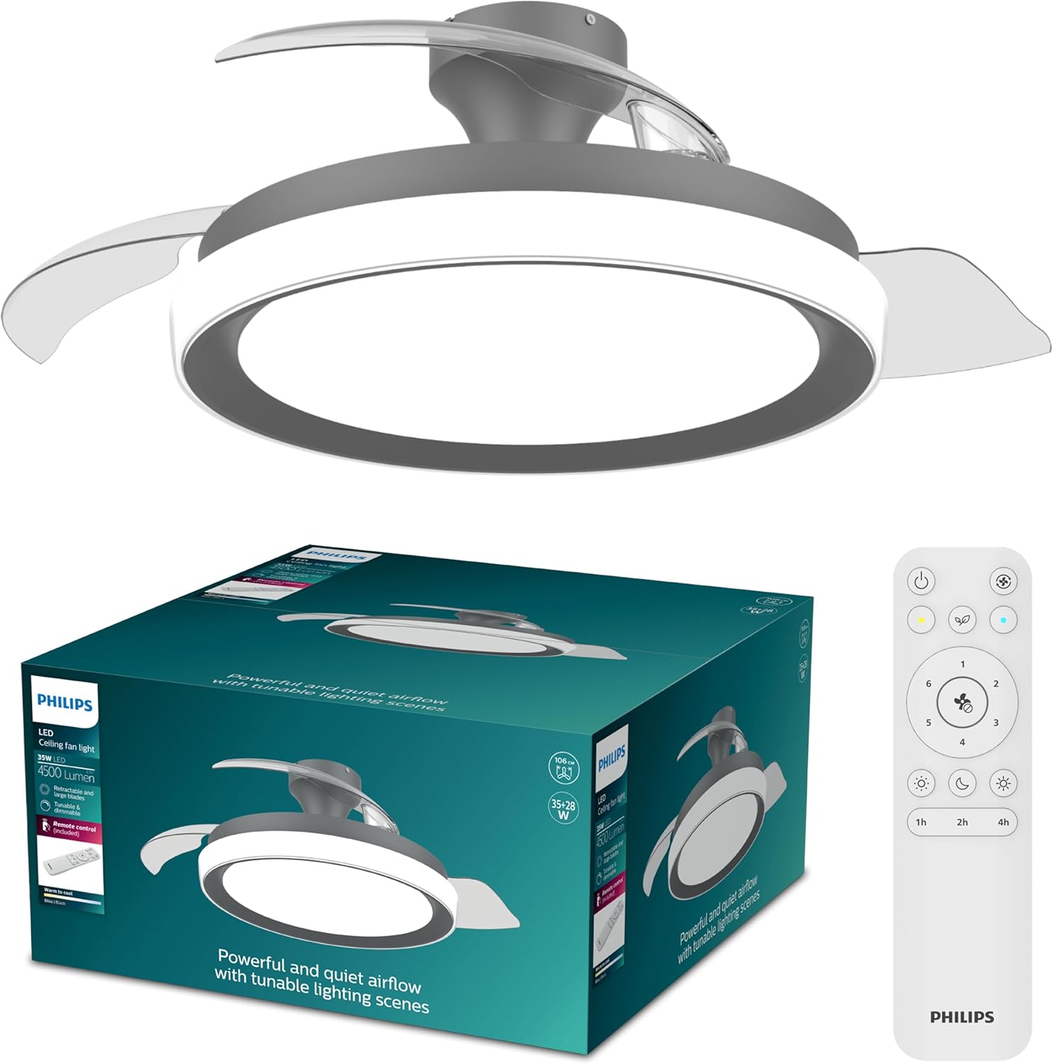 Philips Bliss Deckenventilator, 106 cm Flügelspannweite, LED-Beleuchtung, 3 Flügel, 4.500 Lumen, Einstellb. Licht (3.000 K bis 6.500 K)