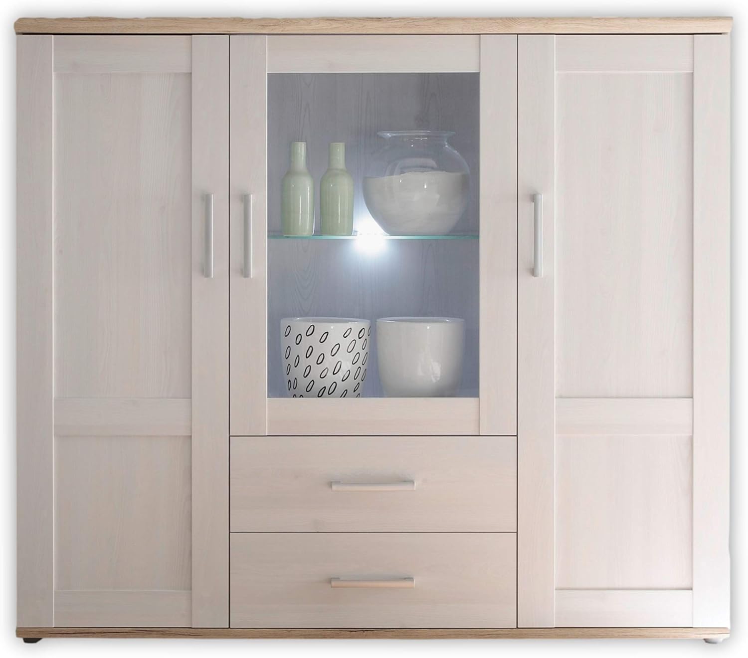 Stella Trading Highboard in Sibiu Lärche Schrank, 156 × 137 × 46 cm (B/H/T), Landhausstil Wohnzimmerschrank mit viel Stauraum und LED-Beleuchtung