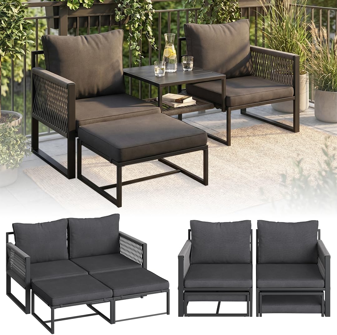 STEELSØN Tyranis Gartenmöbel, einer Stärke von 9 cm bzw, Stauraum, Metall schwarz, multifunktionales Balkonmöbel Set mit 6 Kissen