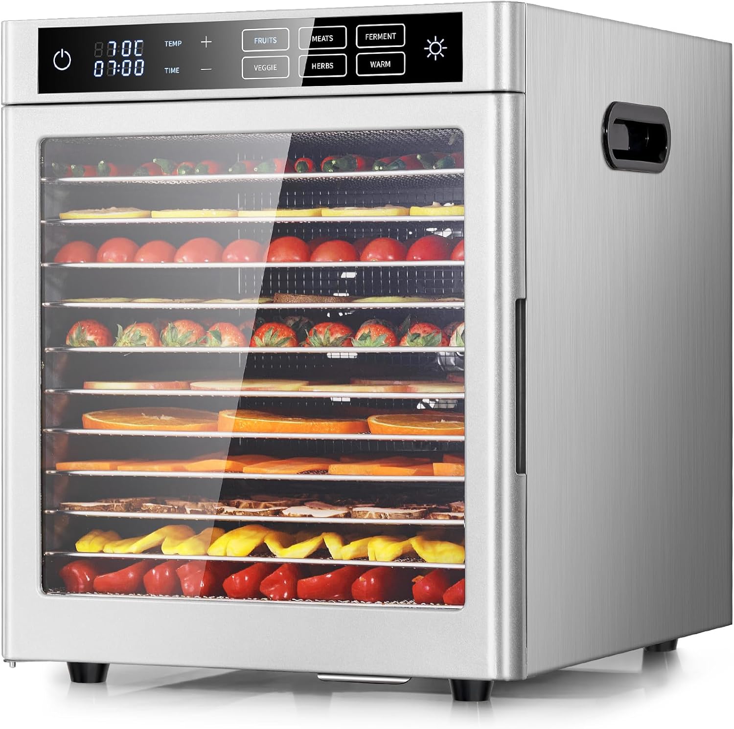 Kwasyo Dörrautomat 12 Etagen Edelstahl Tisch, 800 W Dörrautomat, nur 45 dB(A) - sehr leise, 24 Timer, Display, 6 Voreinstellungen für Früchte