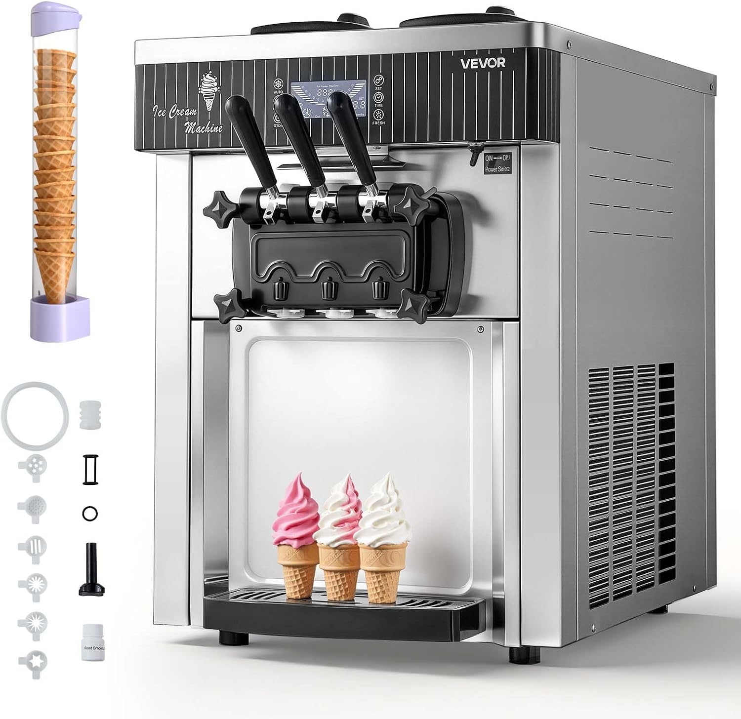 VEVOR gewerbliche Softeismaschine für Café und Gastronomie, 20–28 l/h, 2 × 6-l-Behälter, 3 Sorten, 2.200 W, Vorkühlung, Selbstreinigung