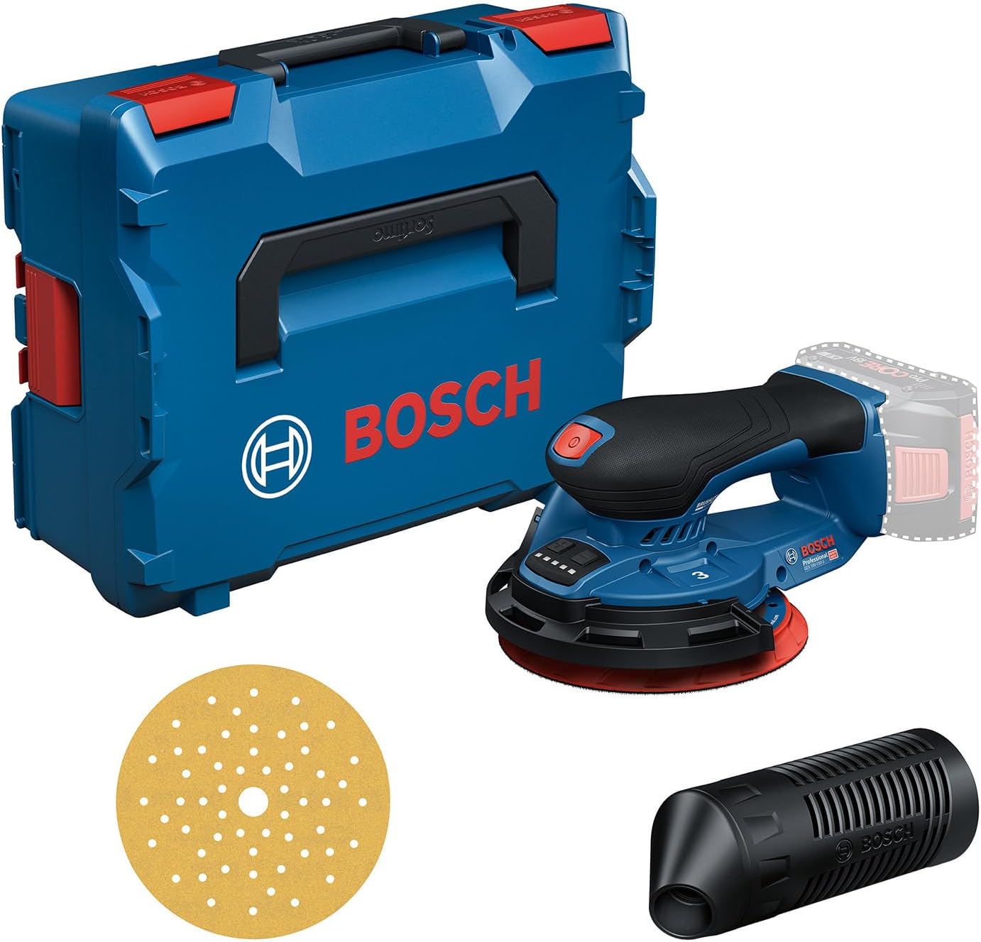 Bosch Professional 18V System Akku-Schleifer GEX 18V-150-3 (inkl. 1x, L-BOXX 162), 1x Staubbox, 1x Schutzring