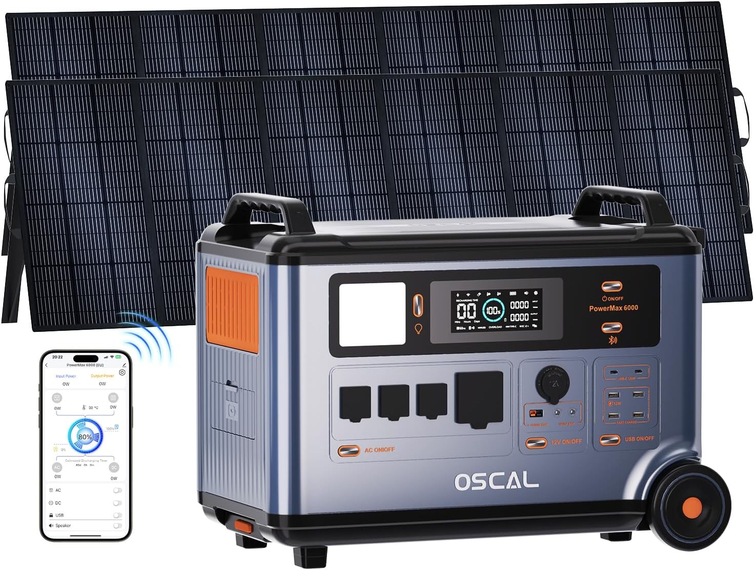 OSCAL PowerMax 6000 Solargenerator 6000 W mit 2 × Winkelschleifer, 9000 W, App-Steuerung, 3600Wh Erweiterbar auf 57.6kWh Tragbare Powerstation