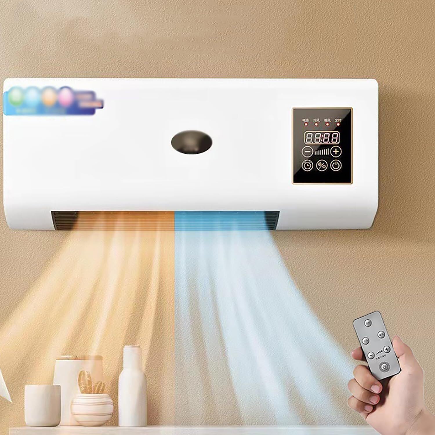 Wandmontiertes Mini-Heiz- und Lüftungsgerät aus ABS, 2.000 W, 220 V, 8-Stunden-Timer, Fernbedienung, 55 × 24 × 12 cm