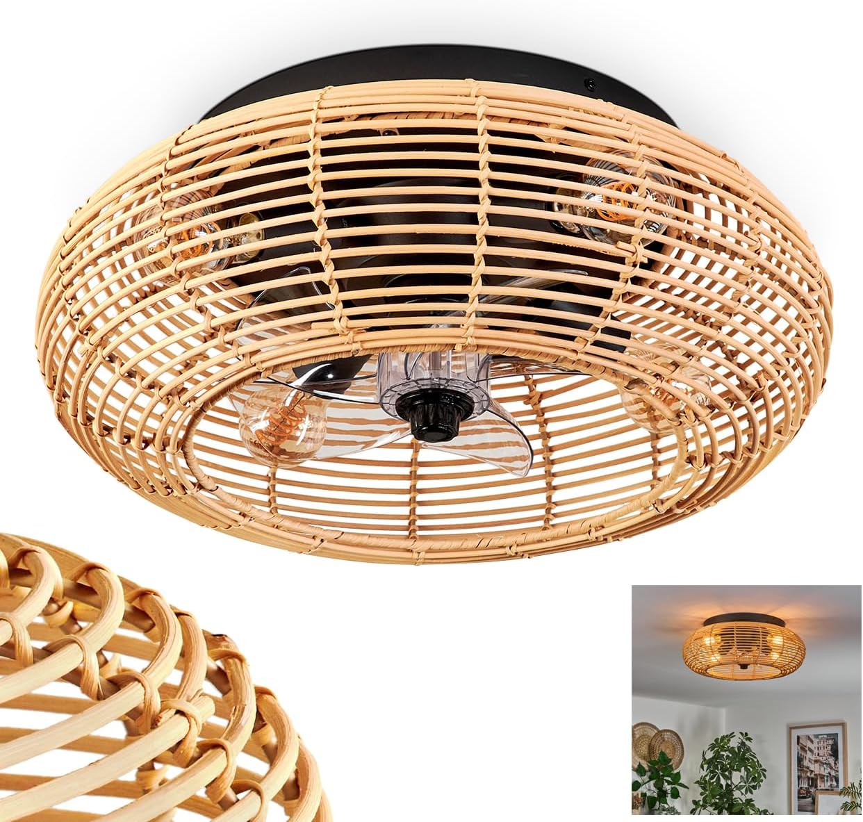 HOFSTEIN Mulstrand Deckenventilator mit 4-flammiger E27-Leuchte, Fernbedienung, 3 Stufen, Ø 50 cm, Schwarz/Natur