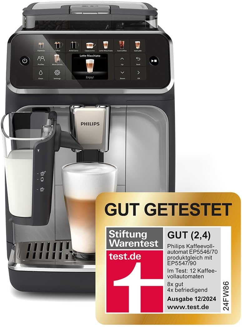 PHILIPS Serie 5500 Kaffeevollautomat, Schwarz und Silber (EP5546/70), 20 heiße und kalte Kaffeespezialitäten, 40% leiser mit SilentBrew