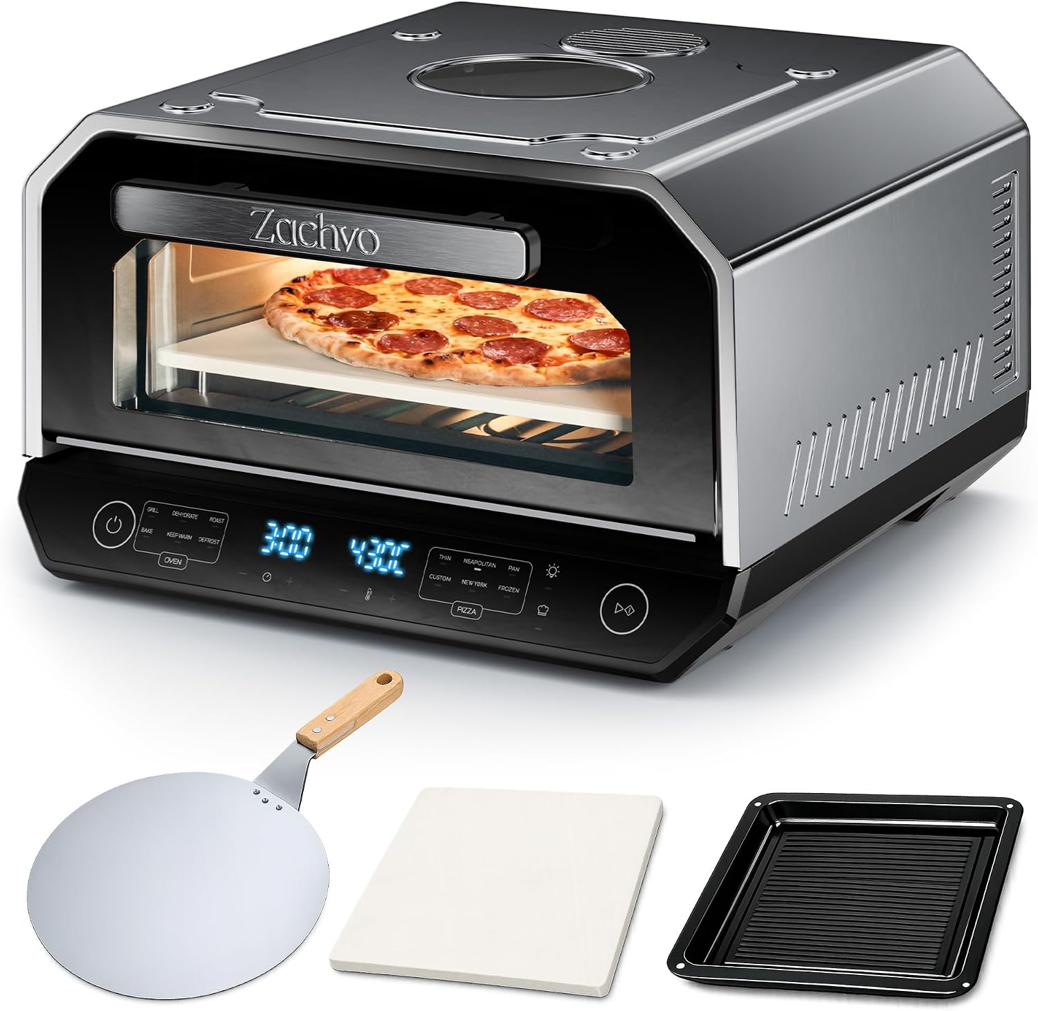 Pizzaofen Elektrisch 450 C Grill, Neapolitanische Pizza in 90 Sek, 6 Programme & 6 Kochmodi