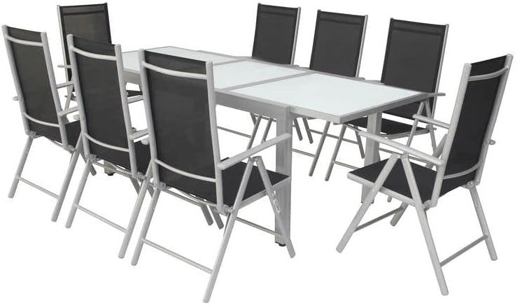 Villana Garten-Essgruppe, Silber/schwarz, Alu/Textil, Tisch, Tisch 160/220 cm, 8 Klappstühle