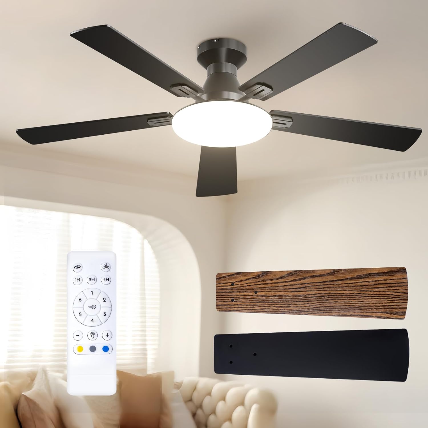 Passky 132 cm Deckenventilator, 35 dB, Timer (Schwarz), Fernbedienung, 5 Flügeln, 6 Geschwindigkeiten, 3 Farbtemperaturen, Vor- und Rücklauf