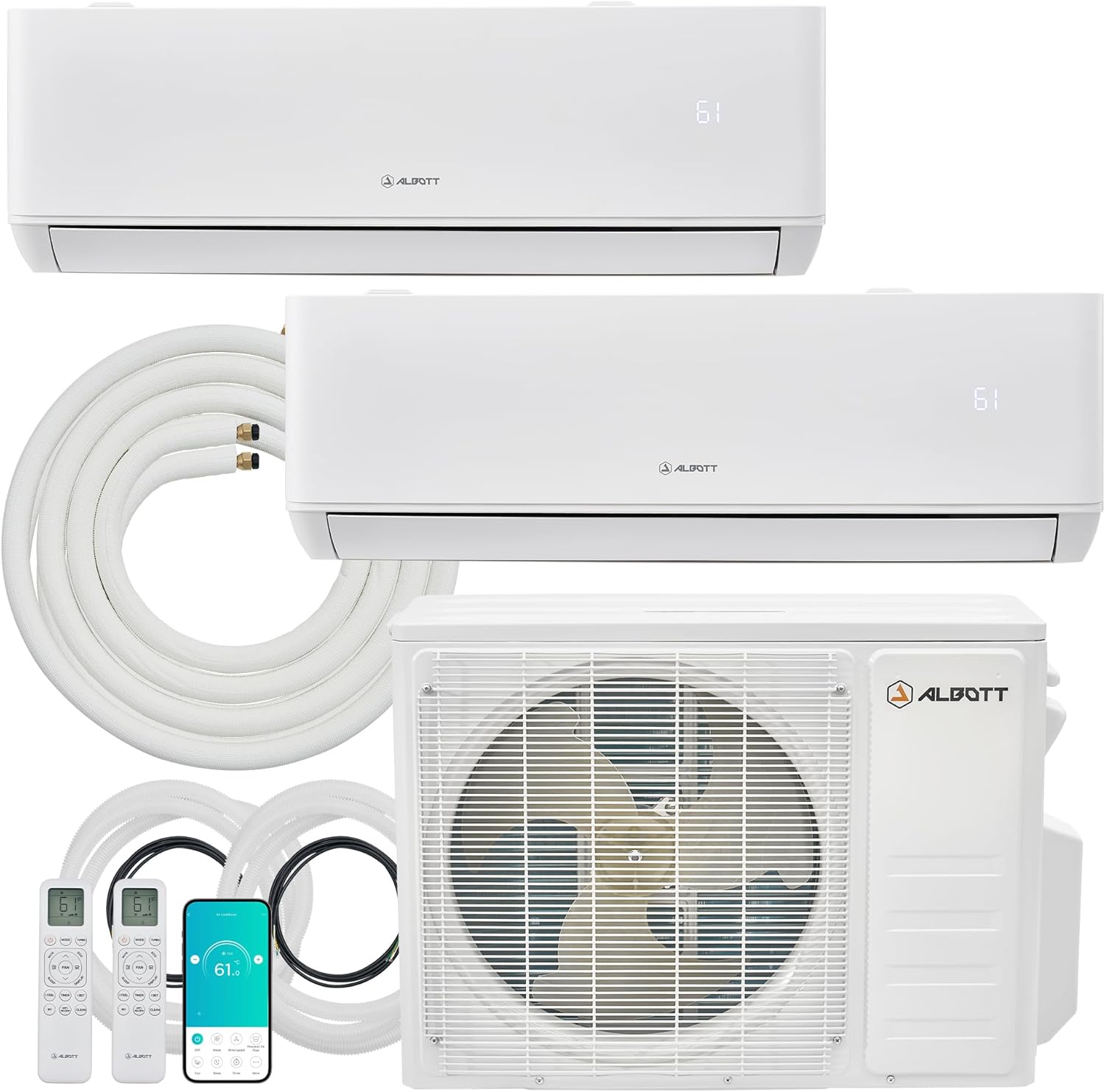 Albott Mini-Split-Klimaanlage, 25 SEER2 2 Zone 9K+12K BTU kanallose Inverter-Wärmepumpe, App-Steuerung, 208-230V