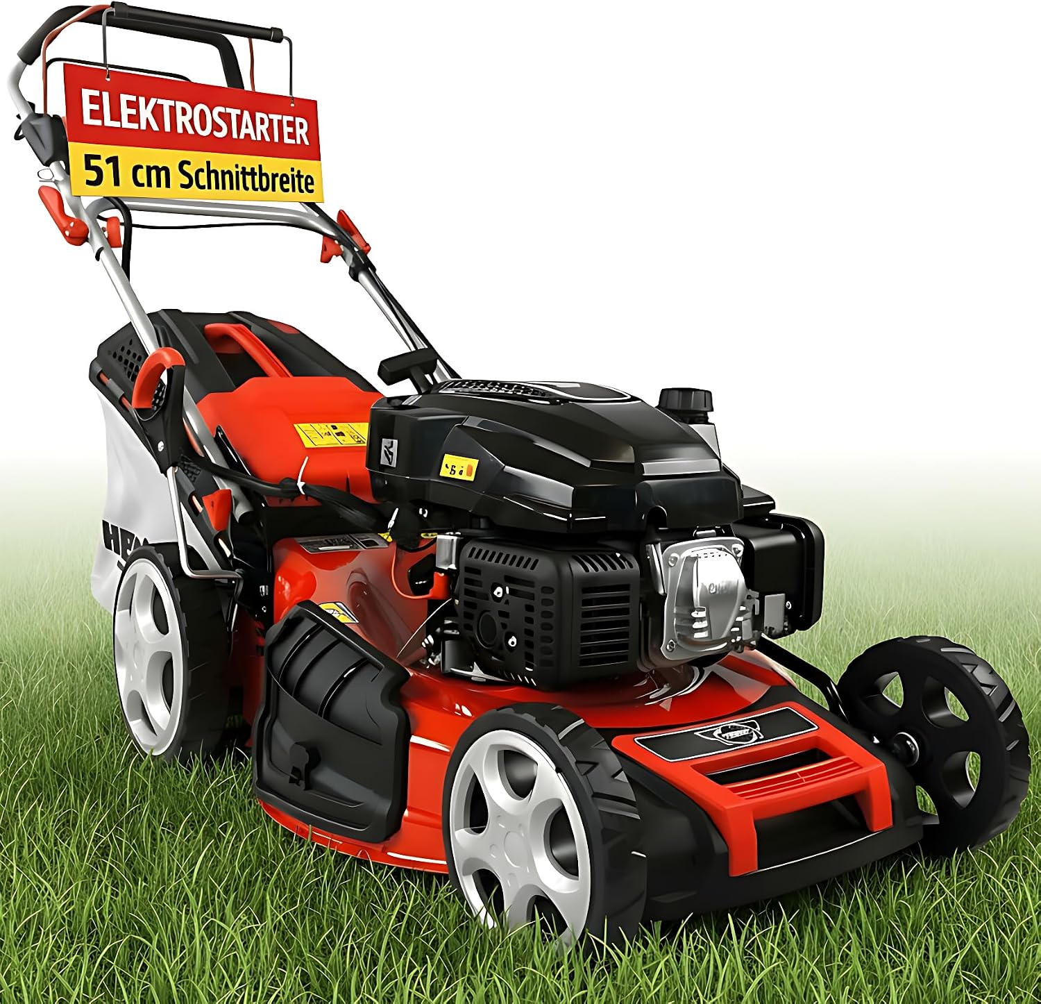 HECHT 5-IN-1 Benzin Rasenmäher, 4 Takt Motor 4,0 kW (5,5 PS), 51 cm Schnittbreite, 65 l Fangkorb