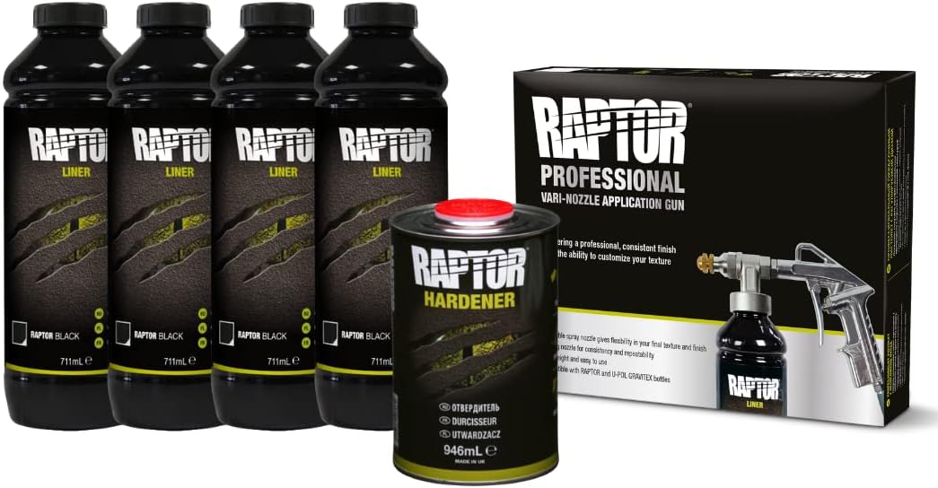 Raptor Liner Beschichtungs-Kit Schwarz, 4 Flaschen mit Härter, Gesamtmenge 3,79 l, inkl. Vari-Nozzle-Profi-Spritzpistole