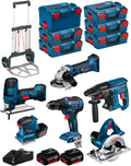 Bosch Professional BK601 18-V-Werkzeugset mit 6 Maschinen, 2 × 4,0-Ah-Akkus, GAL 18V-40, 6 L-BOXX-Koffern und Transportwagen