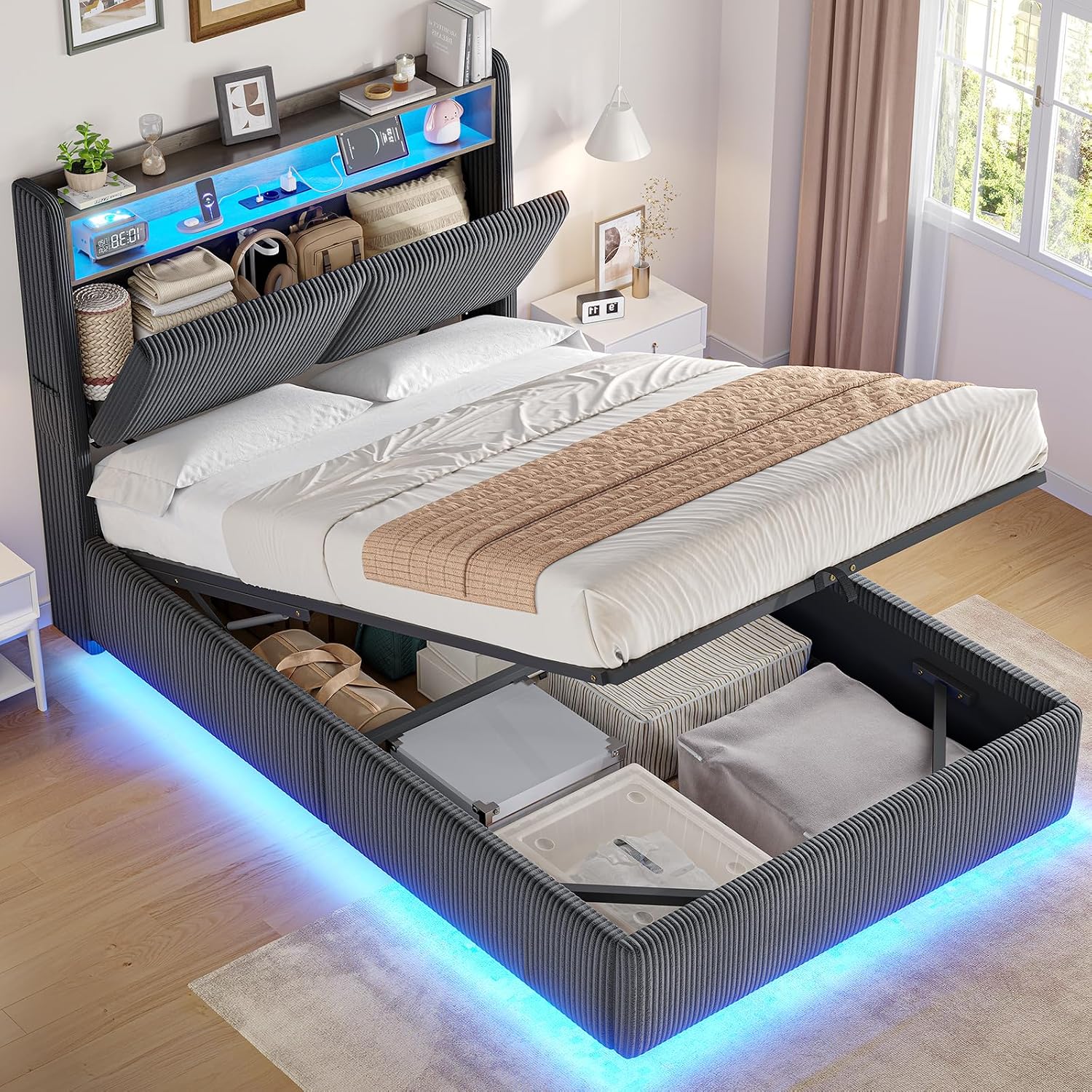 AOGLLATI Bett, 90 × 200 cm), Polsterbett Einzelbett Kinderbett mit Stauraum Kopfteil, Canape-Bett mit 270 LED und integrierter Ladung
