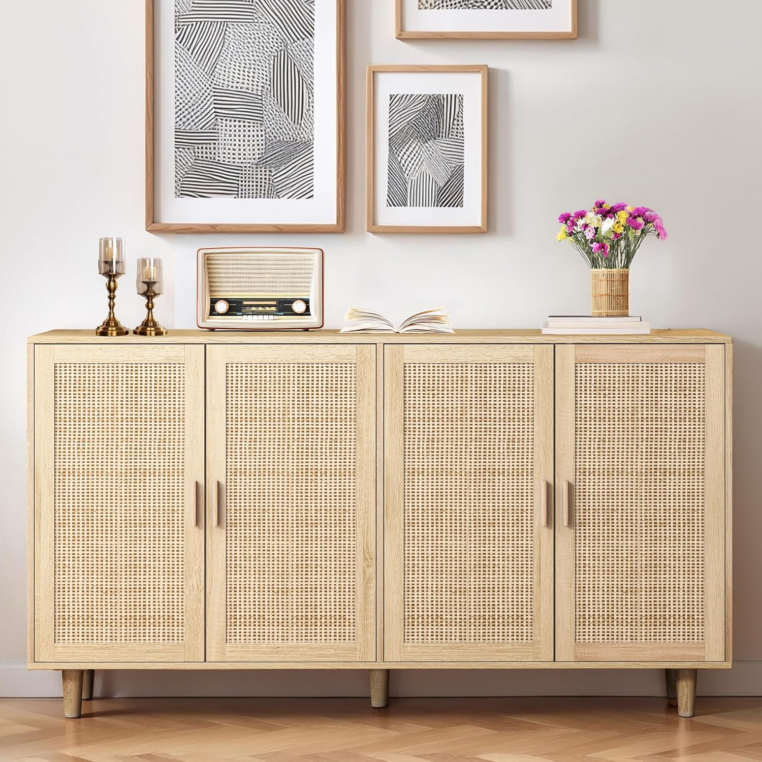 Sideboard mit verstellbaren Ablagen, 158 × 40 × 88 cm, Rattan TV-Tisch mit viel Stauraum für Esszimmer, Modernen Kommode mit 4 Türen, verstellbar