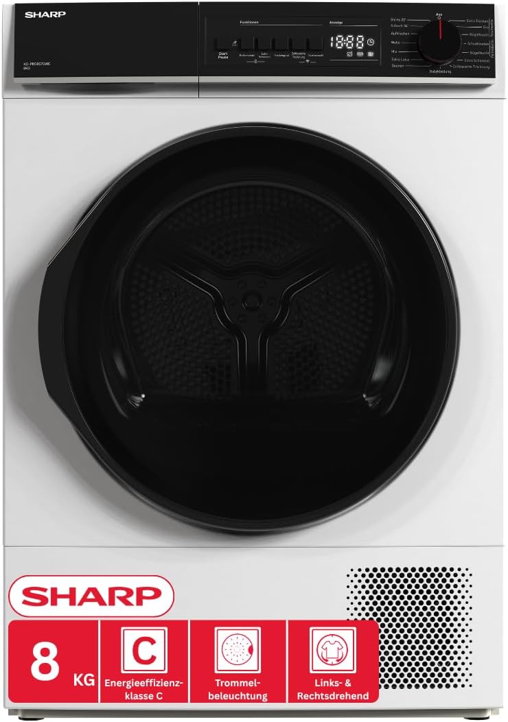 Sharp KD-PRO8S7GWC-DE Wäschetrockner, 8 kg, App-Steuerung, Display, 15 Trockenprogramme inkl. 20-Minuten-Schnelltrockenprogramm