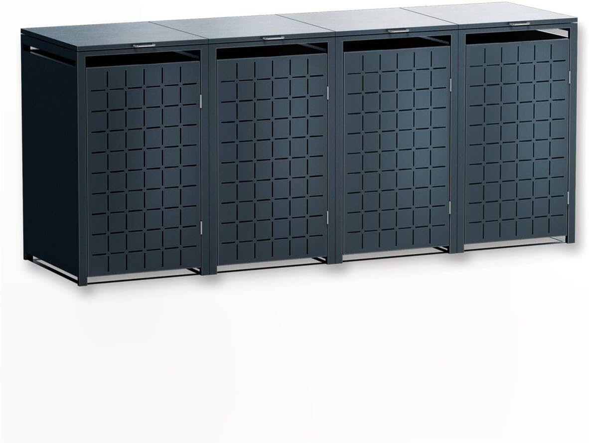 Metzler Mülltonnenbox 4er 240L Anthrazit mit Quadratmuster, 60 L, Metall Mülltonnenverkleidung für 4 Tonnen abschließbar, wetterbeständig