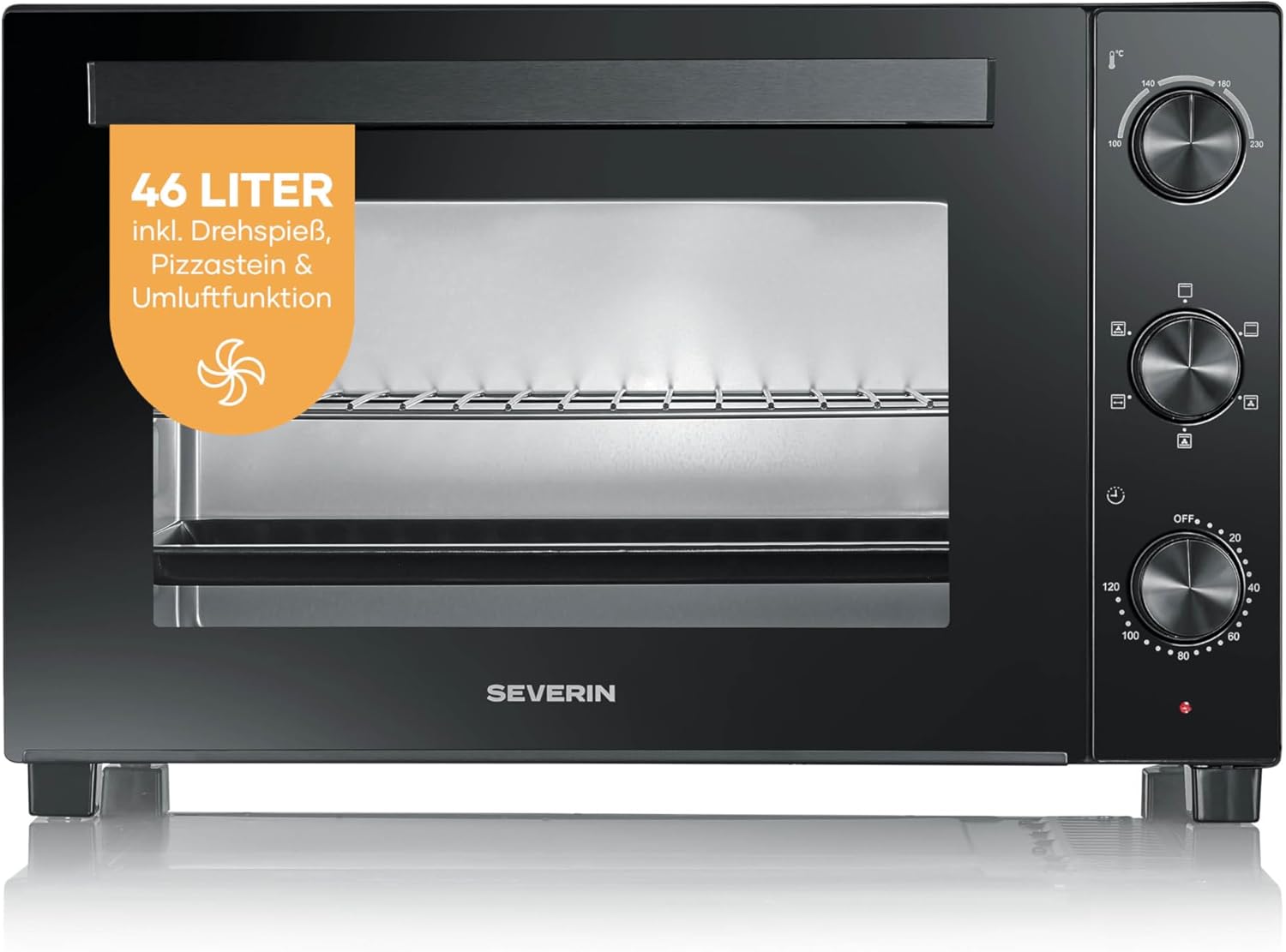 SEVERIN TO 9025 Back- und Toastofen für Pizza, Backwaren und Geflügel, 46 l, 1.800 W, 100–230 C, Umluft, 120-Min.-Timer, Drehspieß