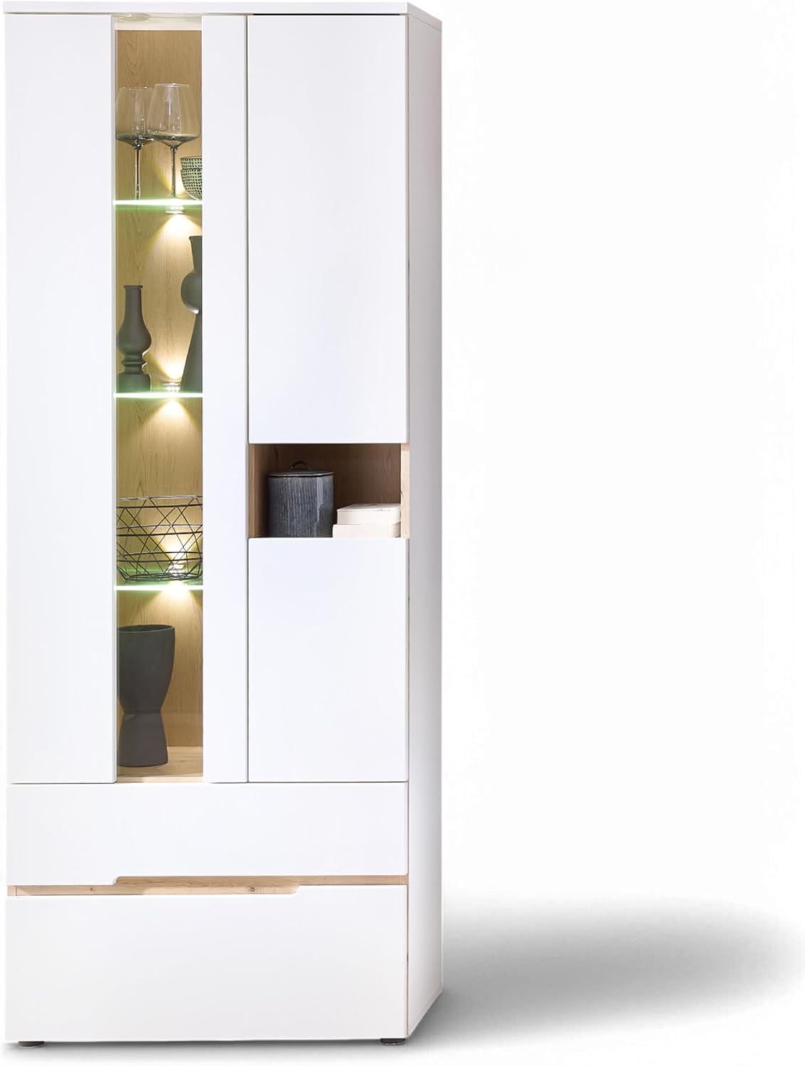 Stella Trading Memphis Vitrine in Weiß Schrank, 75 × 197 × 38 cm (B/H/T), Moderner Vitrinenschrank mit LED-Beleuchtung und viel Stauraum