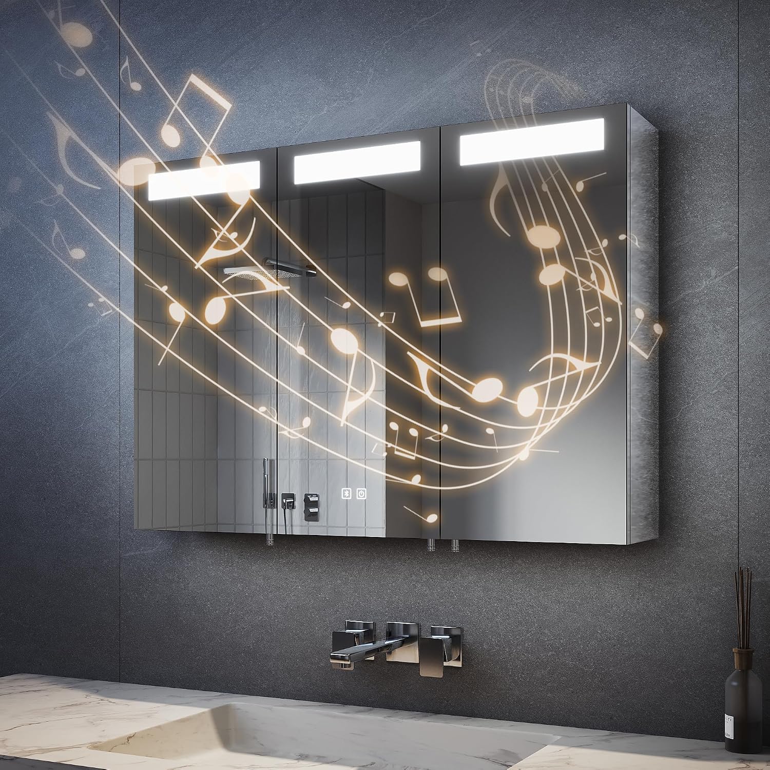 SVNR 90 × 65 cm Spiegelschrank Mit LED-Beleuchtung Fürs, App-Steuerung, LED-Beleuchtung, 3-Türiger Badspiegelschrank Beleuchtung Mit Bluetooth